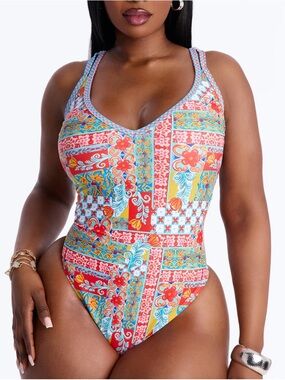 NWT Printed V-Neck One-Piece Swimsuit - Red Multi